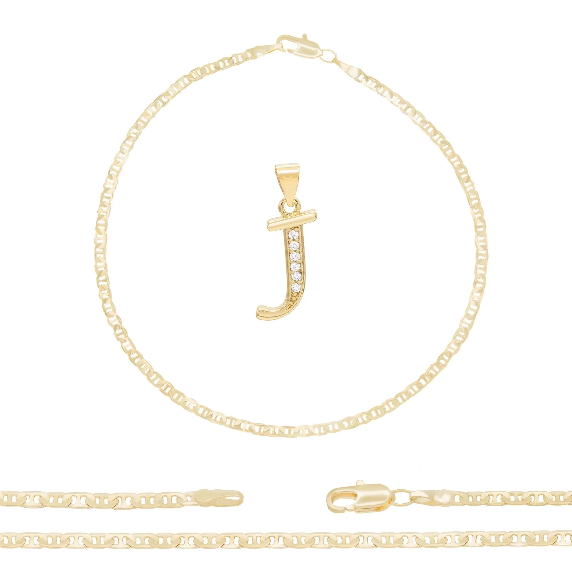 A-Z Initial Letter Pendant 14K Gold Filled Cubic Zirconia Mariner Chain Anklet 10" Set 3 mm  Women Jewelry