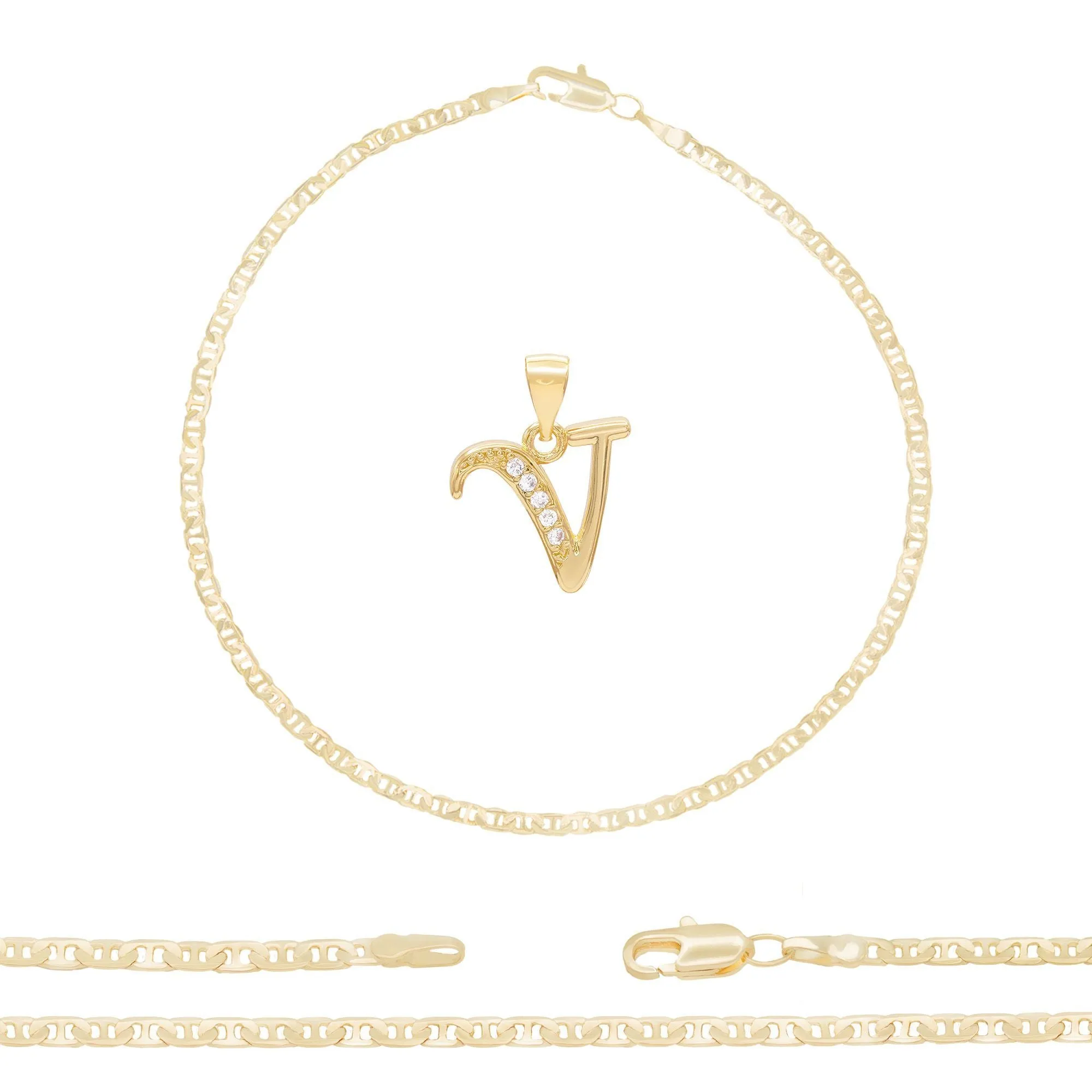 A-Z Initial Letter Pendant 14K Gold Filled Cubic Zirconia Mariner Chain Anklet 10" Set 3 mm  Women Jewelry