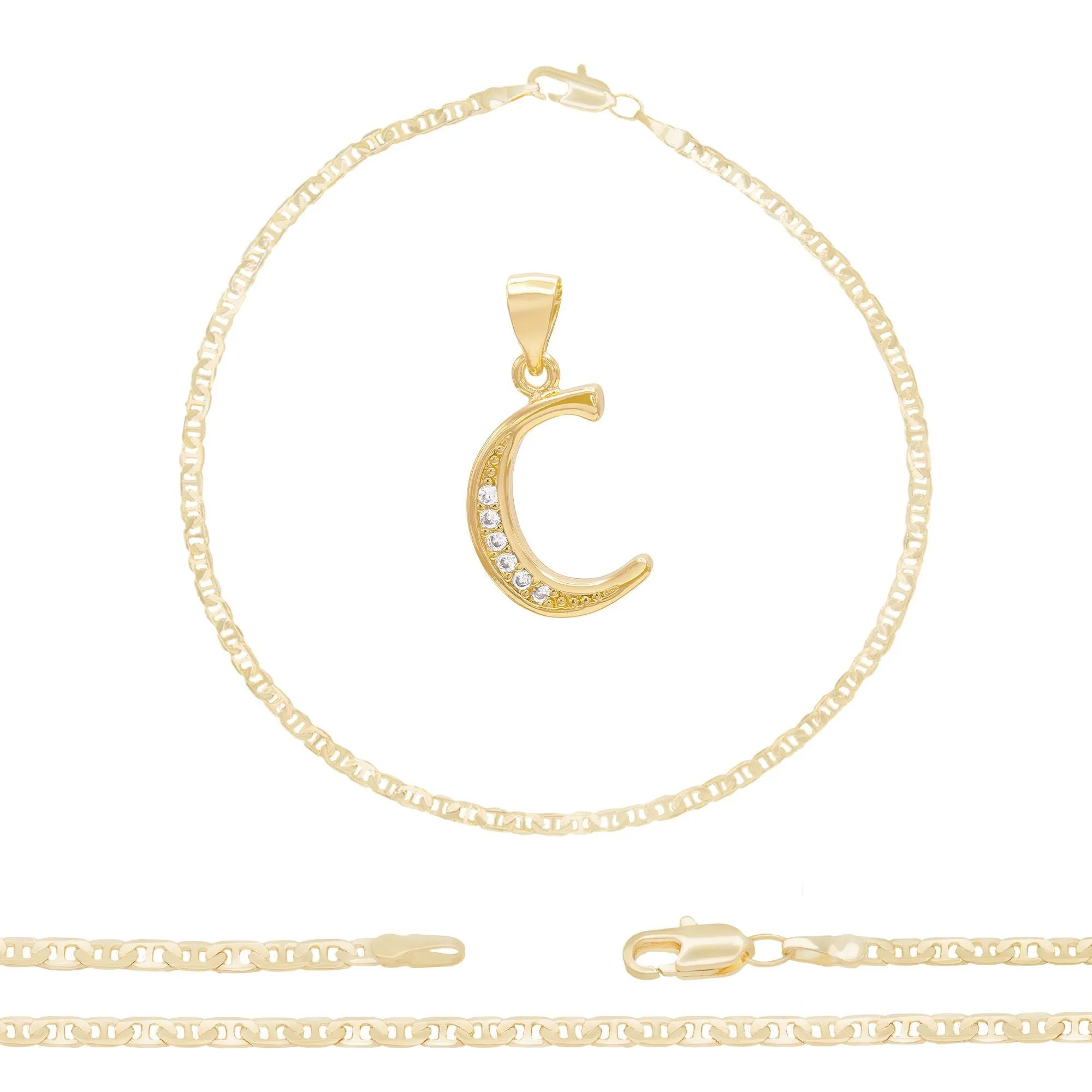 A-Z Initial Letter Pendant 14K Gold Filled Cubic Zirconia Mariner Chain Anklet 10" Set 3 mm  Women Jewelry