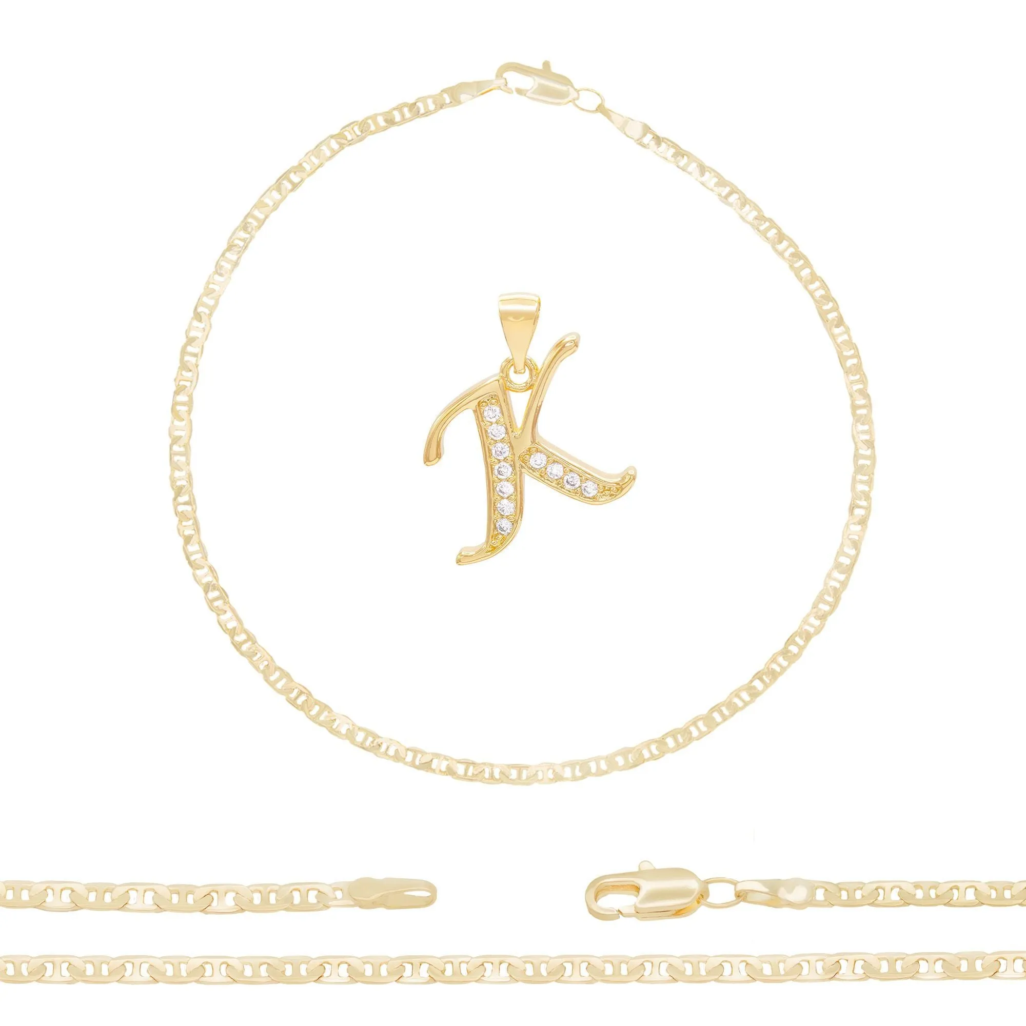 A-Z Initial Letter Pendant 14K Gold Filled Cubic Zirconia Mariner Chain Anklet 10" Set 3 mm  Women Jewelry