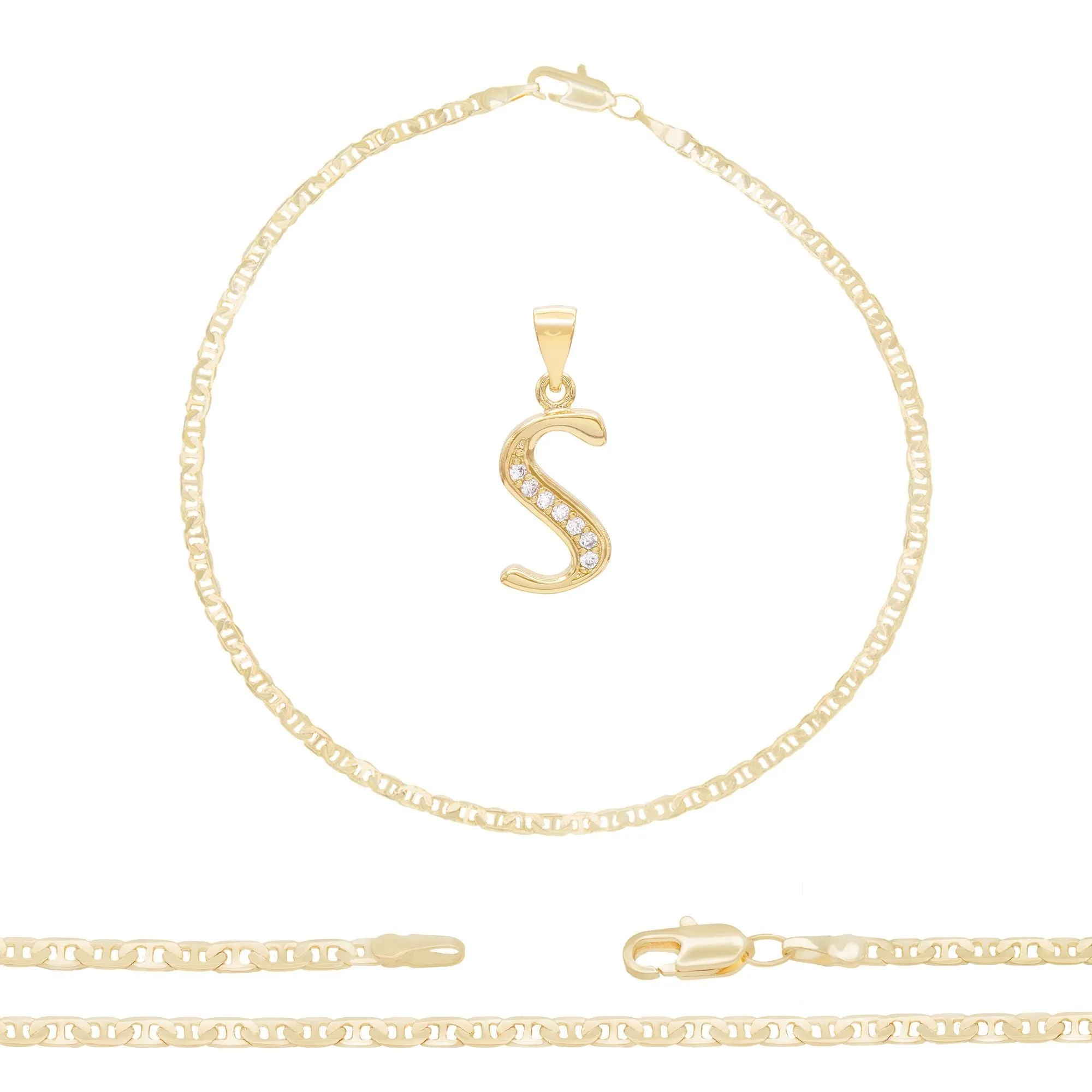 A-Z Initial Letter Pendant 14K Gold Filled Cubic Zirconia Mariner Chain Anklet 10" Set 3 mm  Women Jewelry