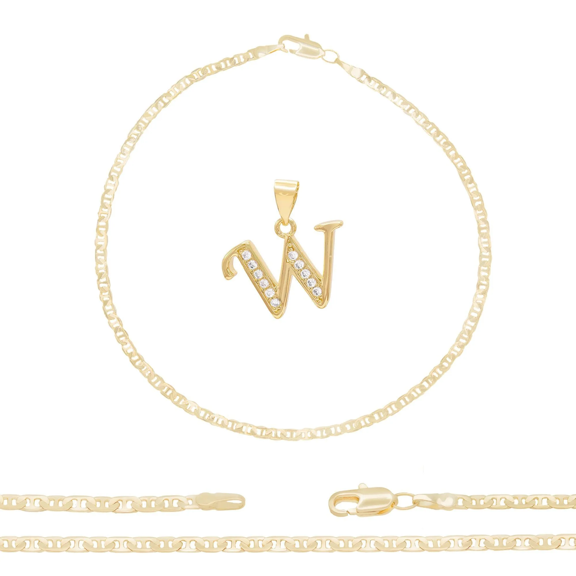 A-Z Initial Letter Pendant 14K Gold Filled Cubic Zirconia Mariner Chain Anklet 10" Set 3 mm  Women Jewelry