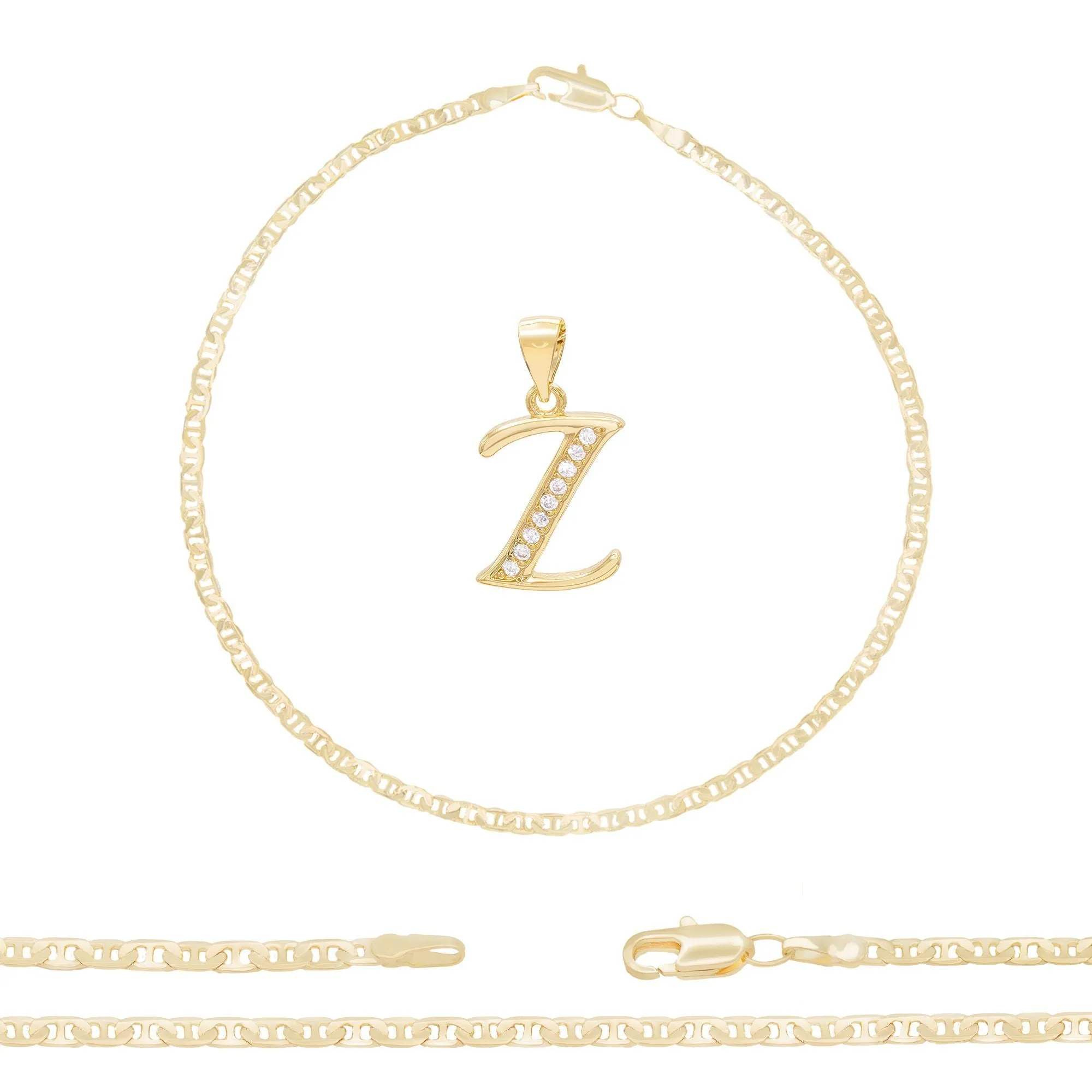 A-Z Initial Letter Pendant 14K Gold Filled Cubic Zirconia Mariner Chain Anklet 10" Set 3 mm  Women Jewelry