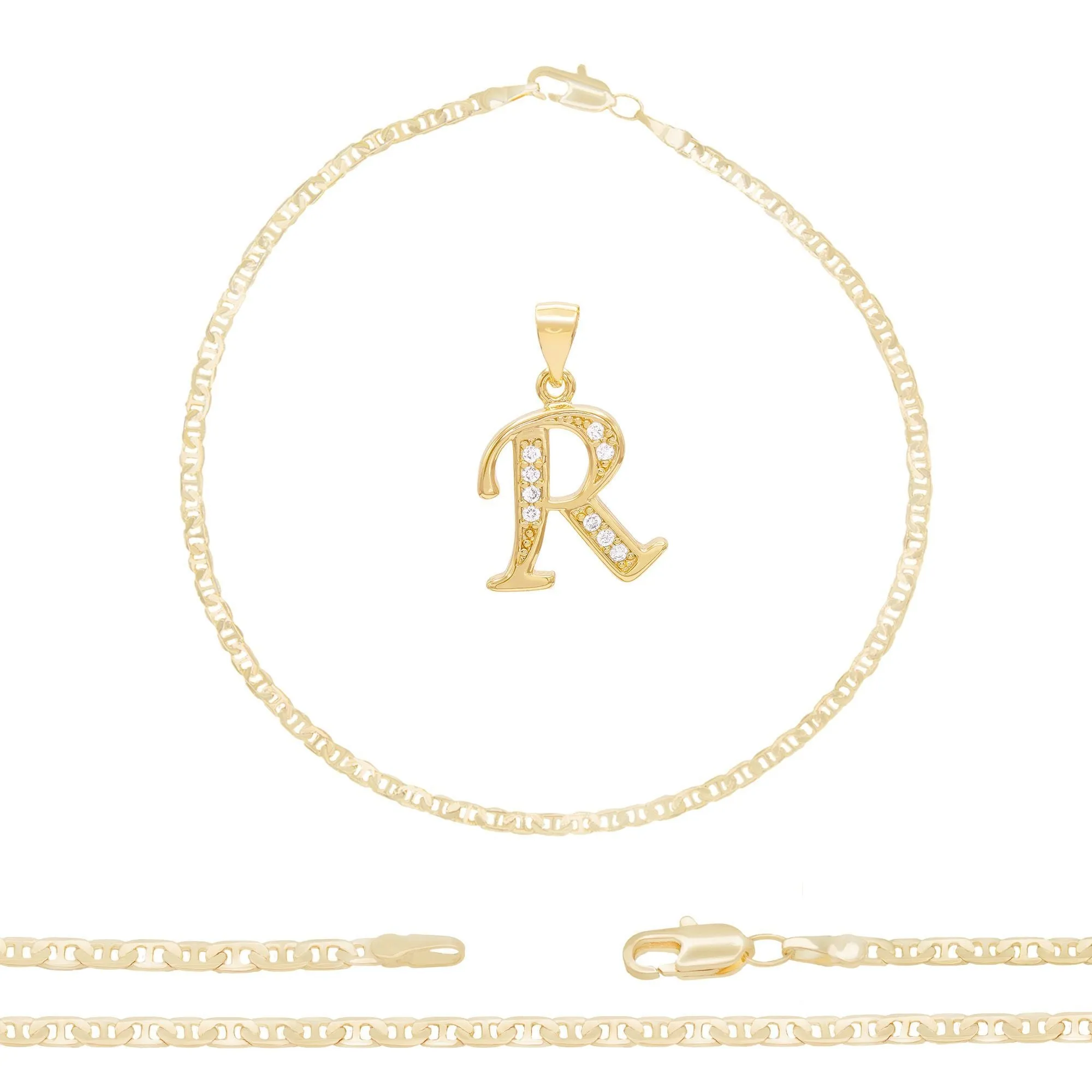 A-Z Initial Letter Pendant 14K Gold Filled Cubic Zirconia Mariner Chain Anklet 10" Set 3 mm  Women Jewelry