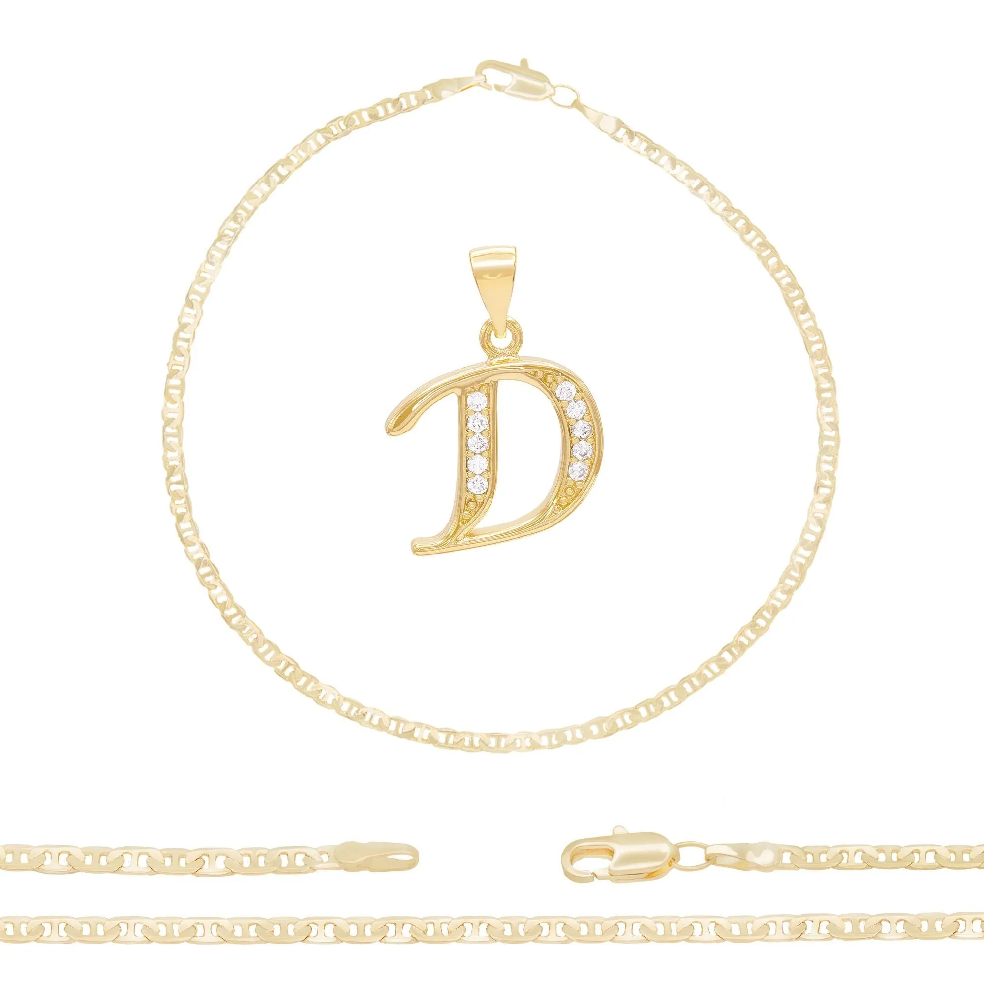 A-Z Initial Letter Pendant 14K Gold Filled Cubic Zirconia Mariner Chain Anklet 10" Set 3 mm  Women Jewelry