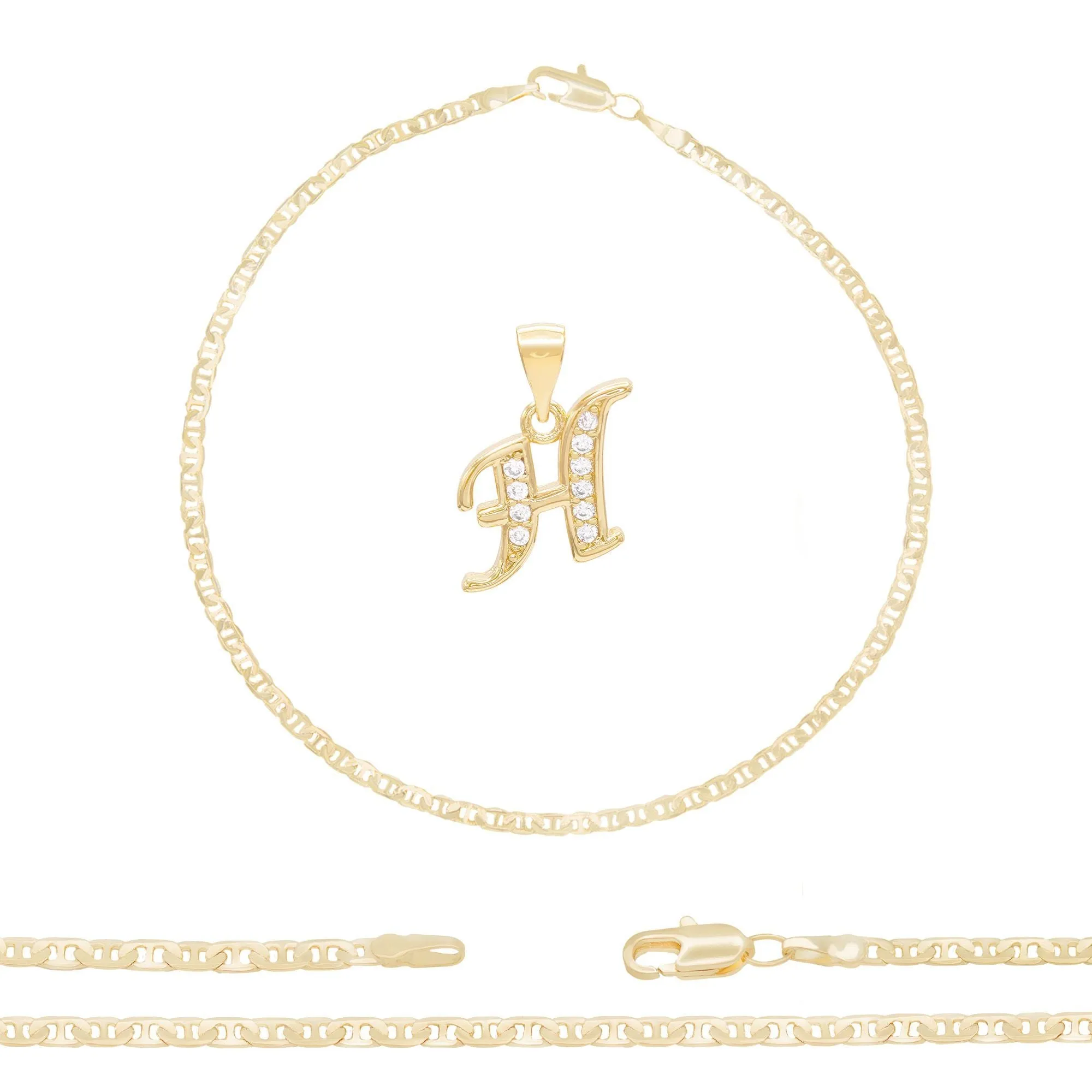A-Z Initial Letter Pendant 14K Gold Filled Cubic Zirconia Mariner Chain Anklet 10" Set 3 mm  Women Jewelry