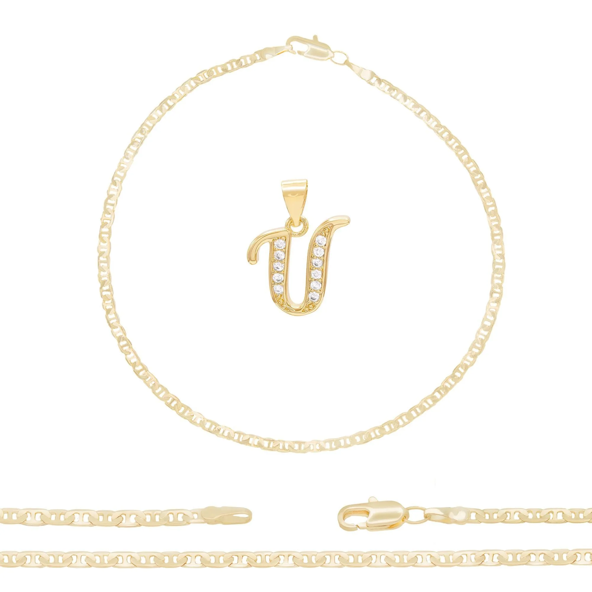 A-Z Initial Letter Pendant 14K Gold Filled Cubic Zirconia Mariner Chain Anklet 10" Set 3 mm  Women Jewelry