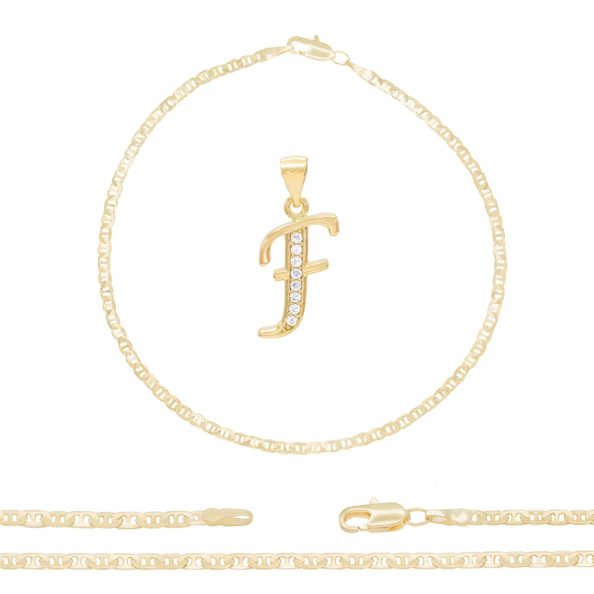 A-Z Initial Letter Pendant 14K Gold Filled Cubic Zirconia Mariner Chain Anklet 10" Set 3 mm  Women Jewelry