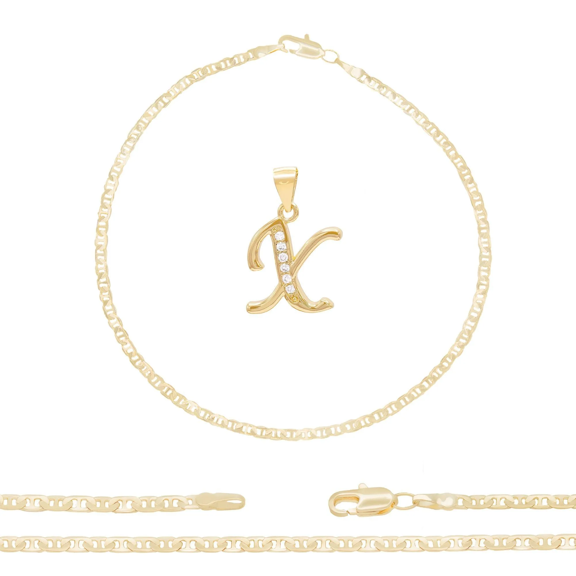 A-Z Initial Letter Pendant 14K Gold Filled Cubic Zirconia Mariner Chain Anklet 10" Set 3 mm  Women Jewelry