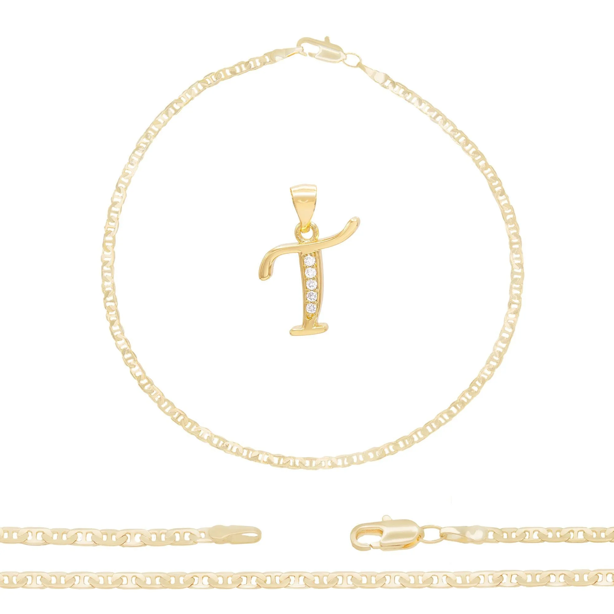 A-Z Initial Letter Pendant 14K Gold Filled Cubic Zirconia Mariner Chain Anklet 10" Set 3 mm  Women Jewelry