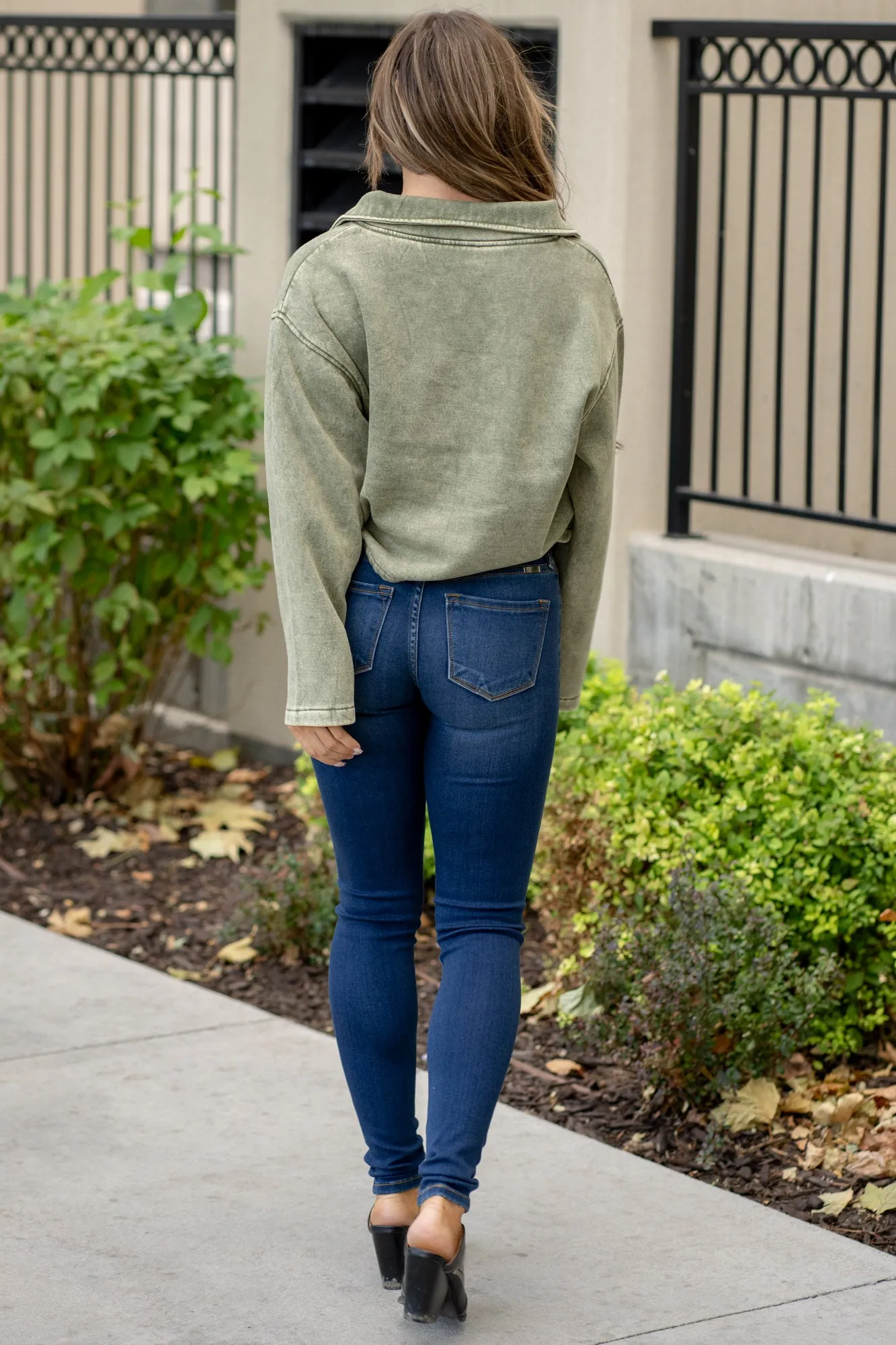Acid Wash Fleece Half Snap Sweatshirt with Pocket