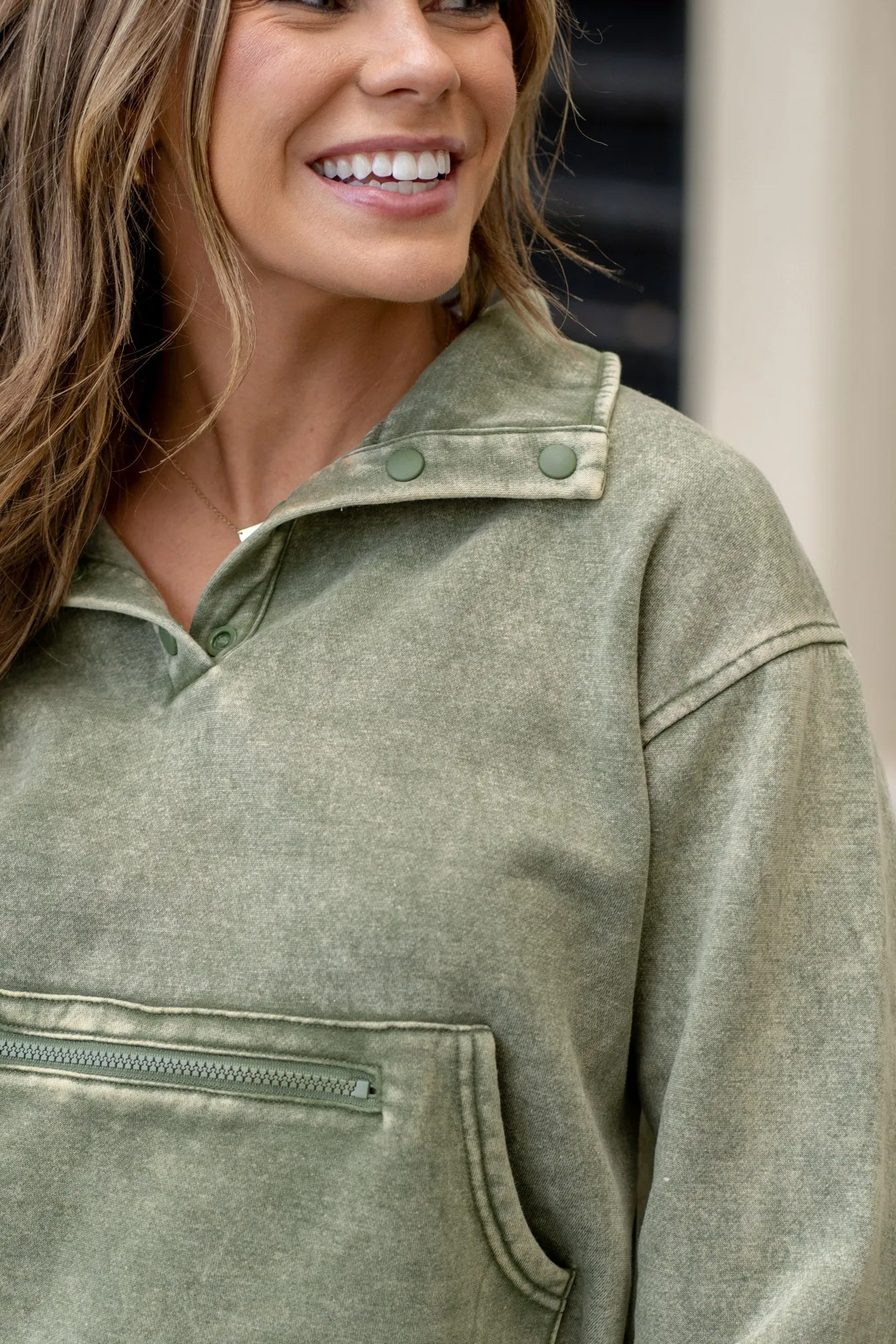 Acid Wash Fleece Half Snap Sweatshirt with Pocket