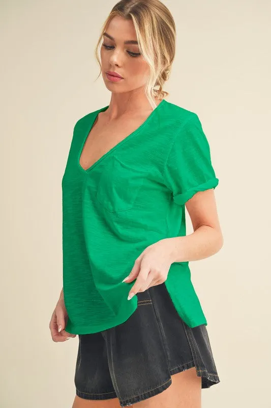 Aemi   Co Side Slit V-Neck Short Rolled Sleeve T-Shirt