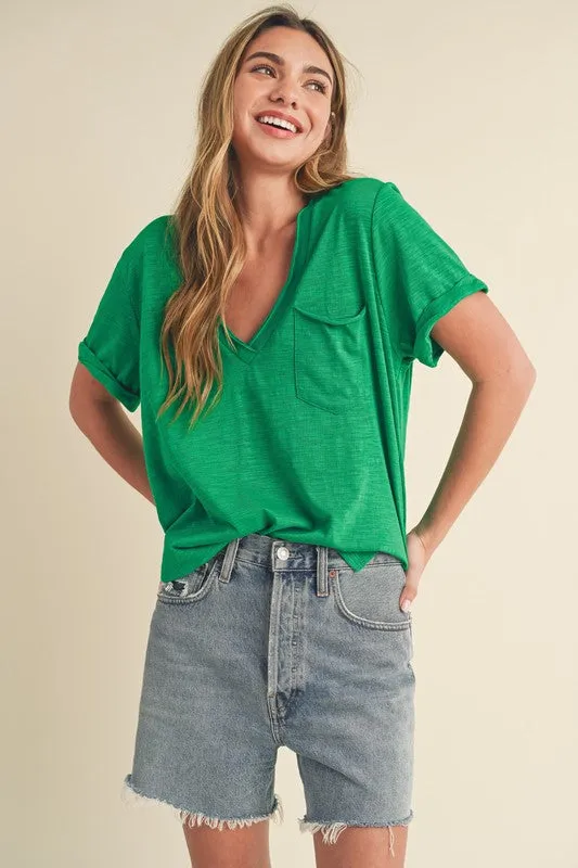 Aemi   Co Side Slit V-Neck Short Rolled Sleeve T-Shirt