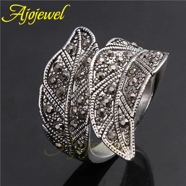 Ajojewel Fashion Vintage Black CZ Leaf Wide Ring Band Jewelry Women Female Rings Size 7-9