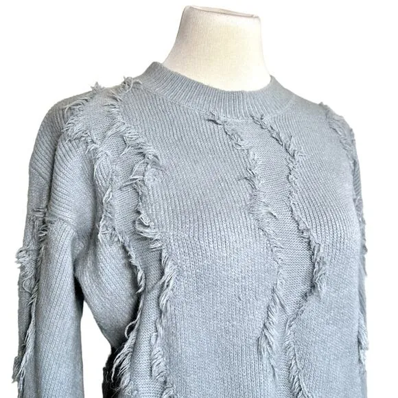 Allison New York Fringe Crew Neck Balloon Long Sleeve Sweater Top Grey Medium