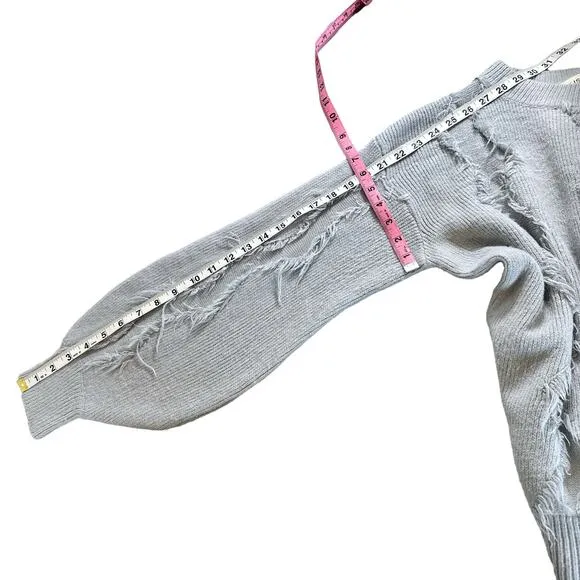 Allison New York Fringe Crew Neck Balloon Long Sleeve Sweater Top Grey Medium
