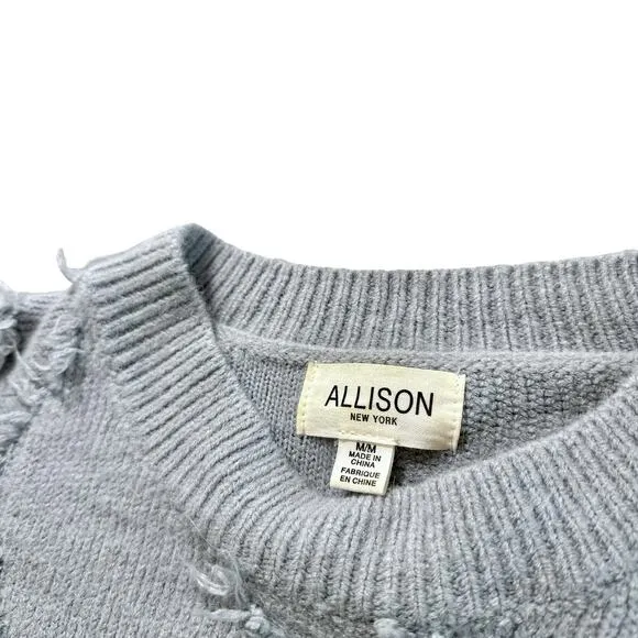 Allison New York Fringe Crew Neck Balloon Long Sleeve Sweater Top Grey Medium
