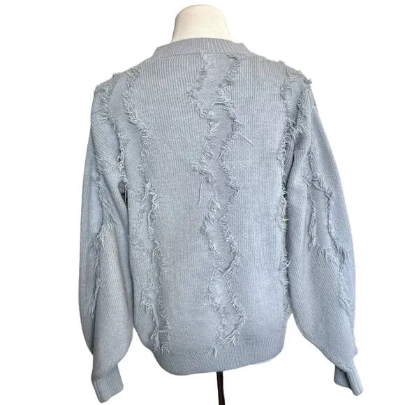 Allison New York Fringe Crew Neck Balloon Long Sleeve Sweater Top Grey Medium