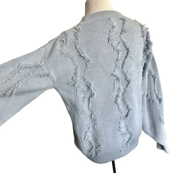 Allison New York Fringe Crew Neck Balloon Long Sleeve Sweater Top Grey Medium