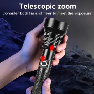 Aluminum Alloy Telescopic Zoom, USB Charging, XHP70 Strong Flashlight