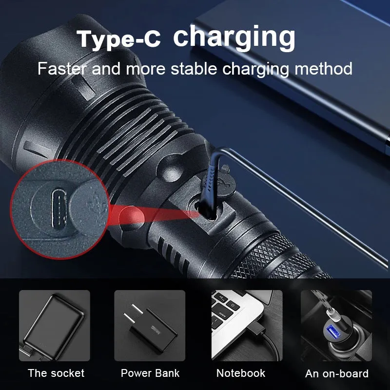 Aluminum Alloy Telescopic Zoom, USB Charging, XHP70 Strong Flashlight