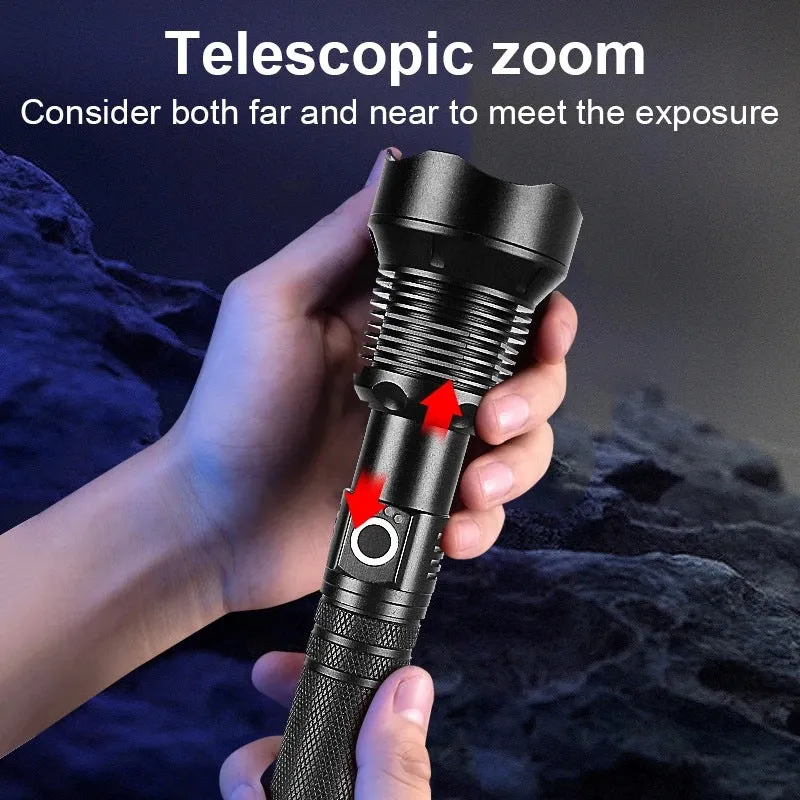 Aluminum Alloy Telescopic Zoom, USB Charging, XHP70 Strong Flashlight