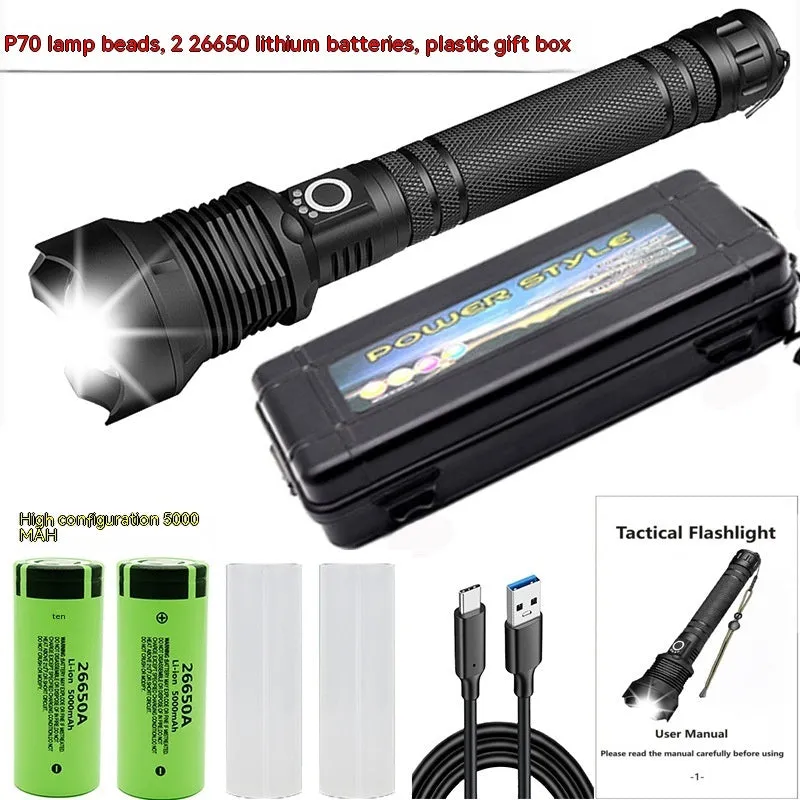 Aluminum Alloy Telescopic Zoom, USB Charging, XHP70 Strong Flashlight