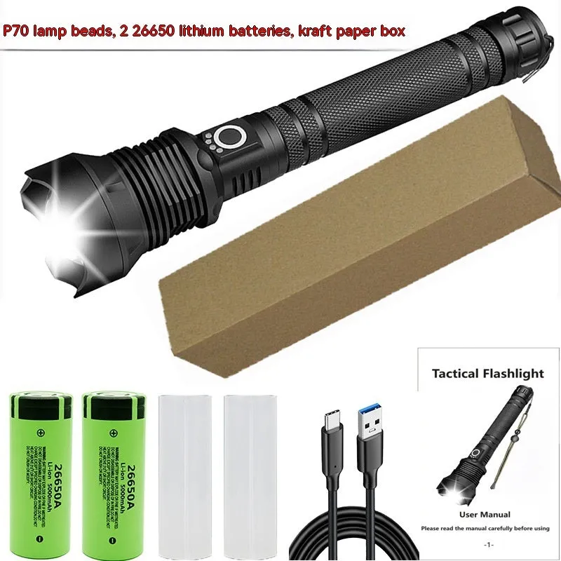 Aluminum Alloy Telescopic Zoom, USB Charging, XHP70 Strong Flashlight