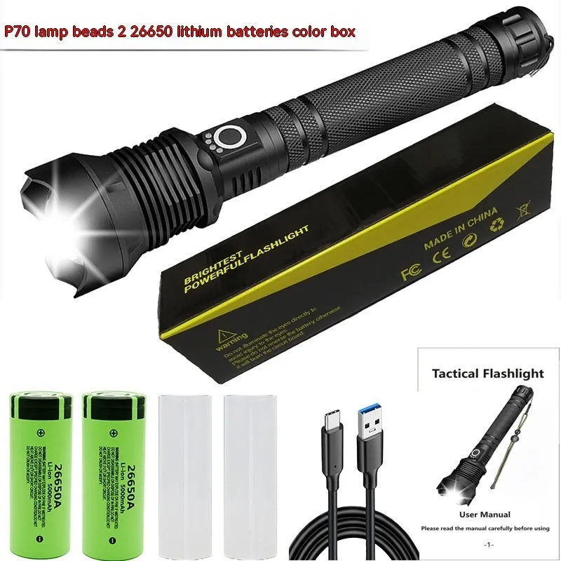 Aluminum Alloy Telescopic Zoom, USB Charging, XHP70 Strong Flashlight