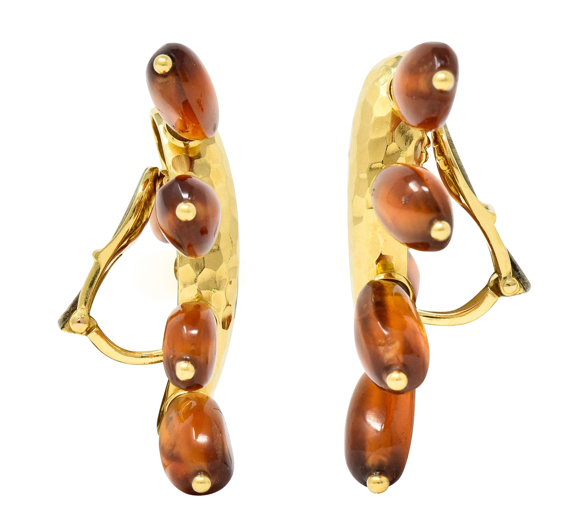 Andrew Clunn 1980's Citrine Bead 18 Karat Yellow Gold Hammered Fanning Vintage Ear-Clip Earrings