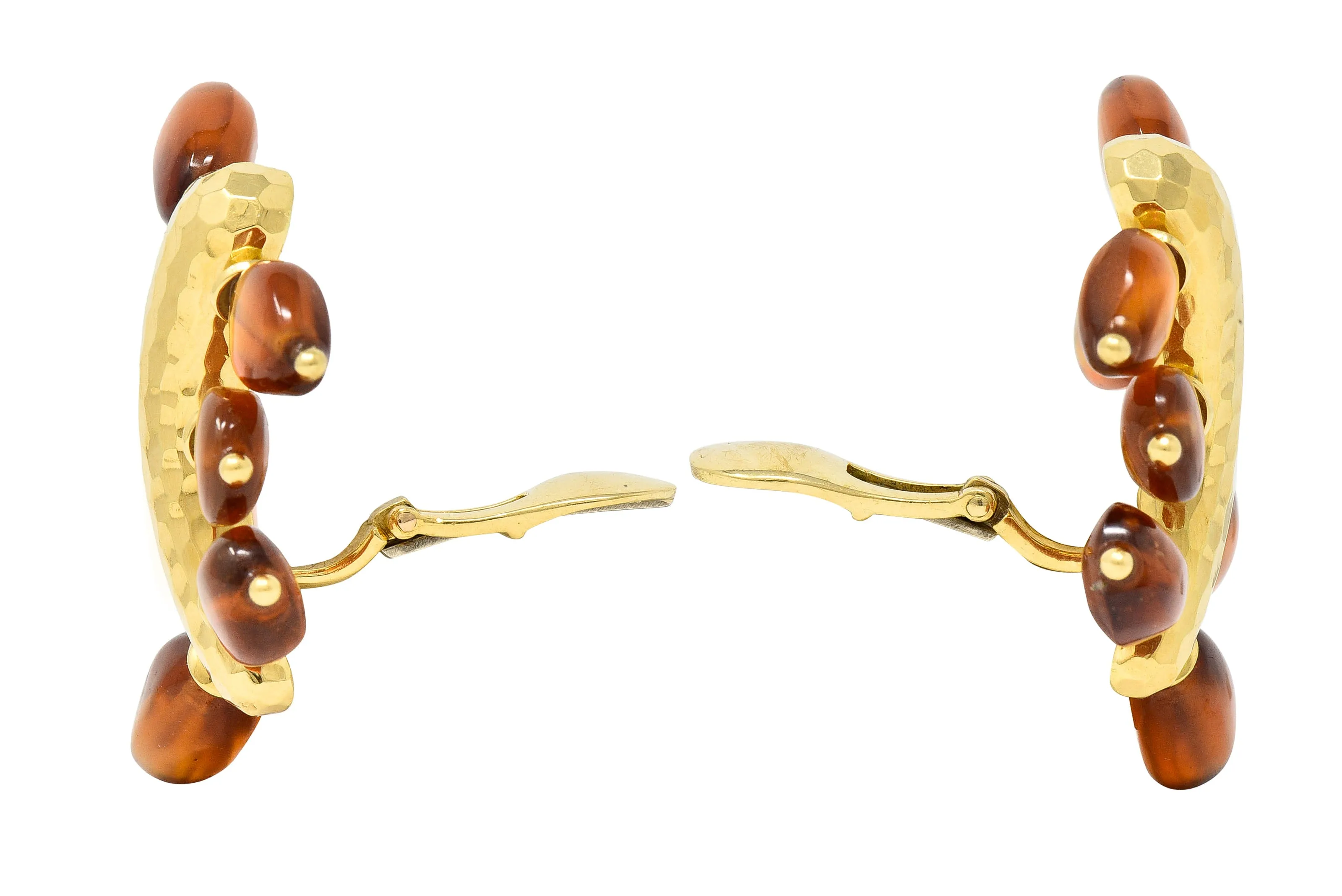 Andrew Clunn 1980's Citrine Bead 18 Karat Yellow Gold Hammered Fanning Vintage Ear-Clip Earrings