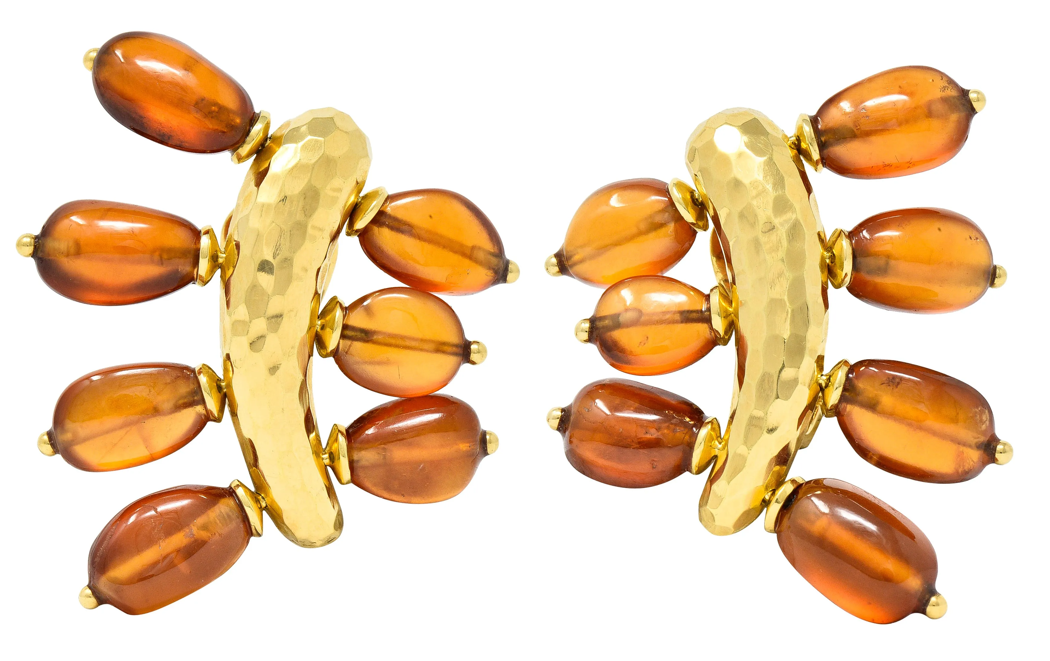 Andrew Clunn 1980's Citrine Bead 18 Karat Yellow Gold Hammered Fanning Vintage Ear-Clip Earrings