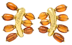 Andrew Clunn 1980's Citrine Bead 18 Karat Yellow Gold Hammered Fanning Vintage Ear-Clip Earrings