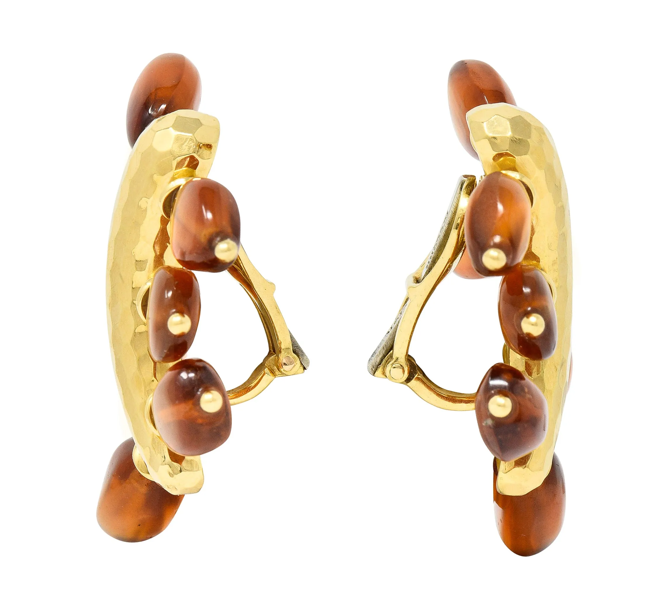 Andrew Clunn 1980's Citrine Bead 18 Karat Yellow Gold Hammered Fanning Vintage Ear-Clip Earrings