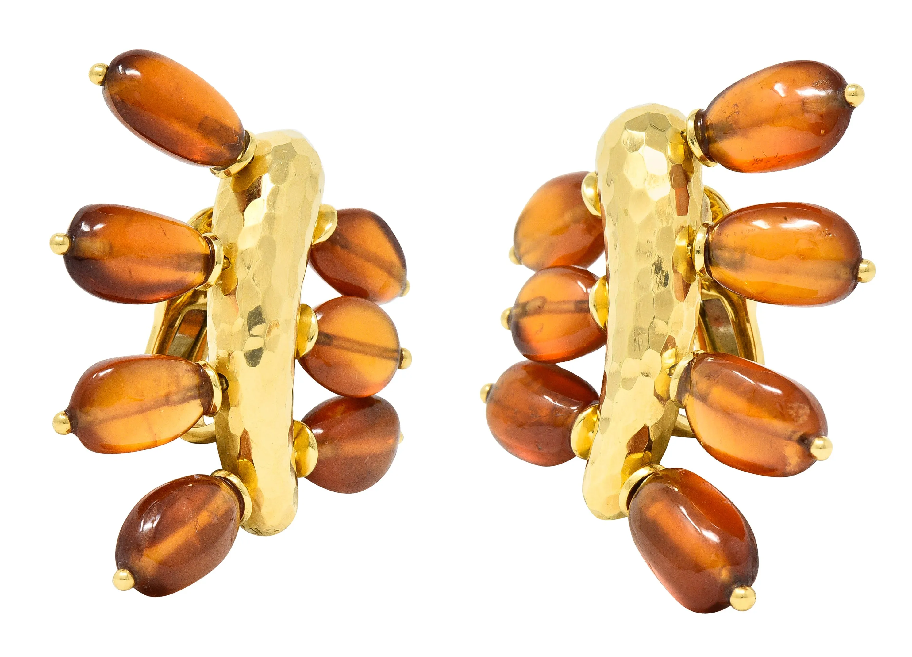 Andrew Clunn 1980's Citrine Bead 18 Karat Yellow Gold Hammered Fanning Vintage Ear-Clip Earrings