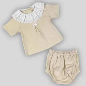 Baby Girls Beige Cotton Summer Outfit with Ruffle Collar