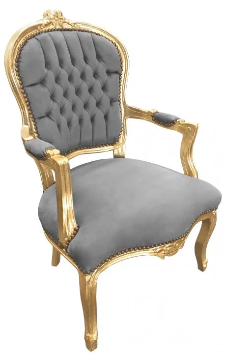 Baroque Armchair - Grey Velvet on Gold