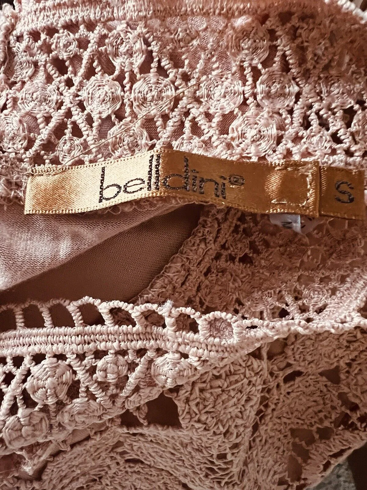 BELLDINI Mixed Media Top Sz S Crochet Knot Jersey Sleeveless Crop Boho Blouse