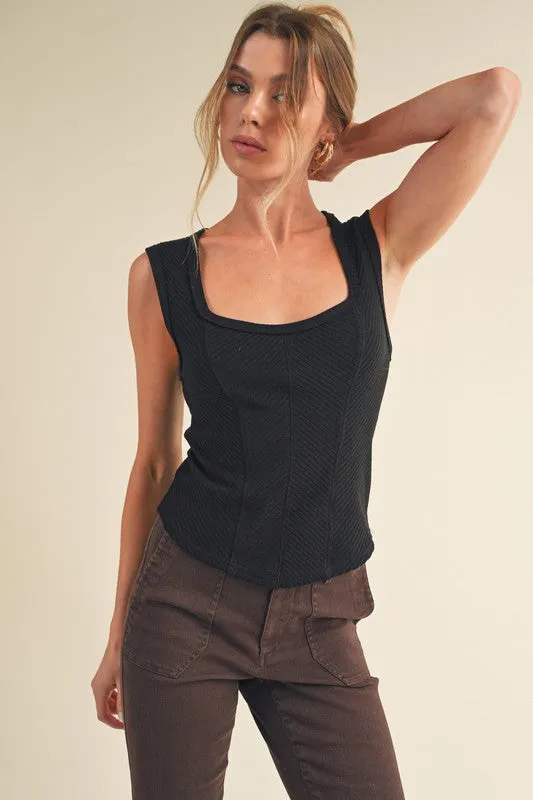 Black Exposed Seam Ribbed Wide Strap Tank
