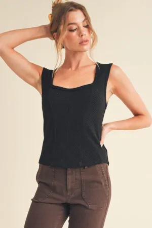 Black Exposed Seam Ribbed Wide Strap Tank