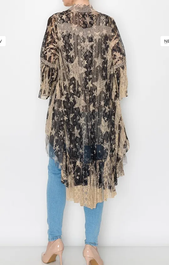 Black Star Design Lace Duster with a Vintage-inspired Look.