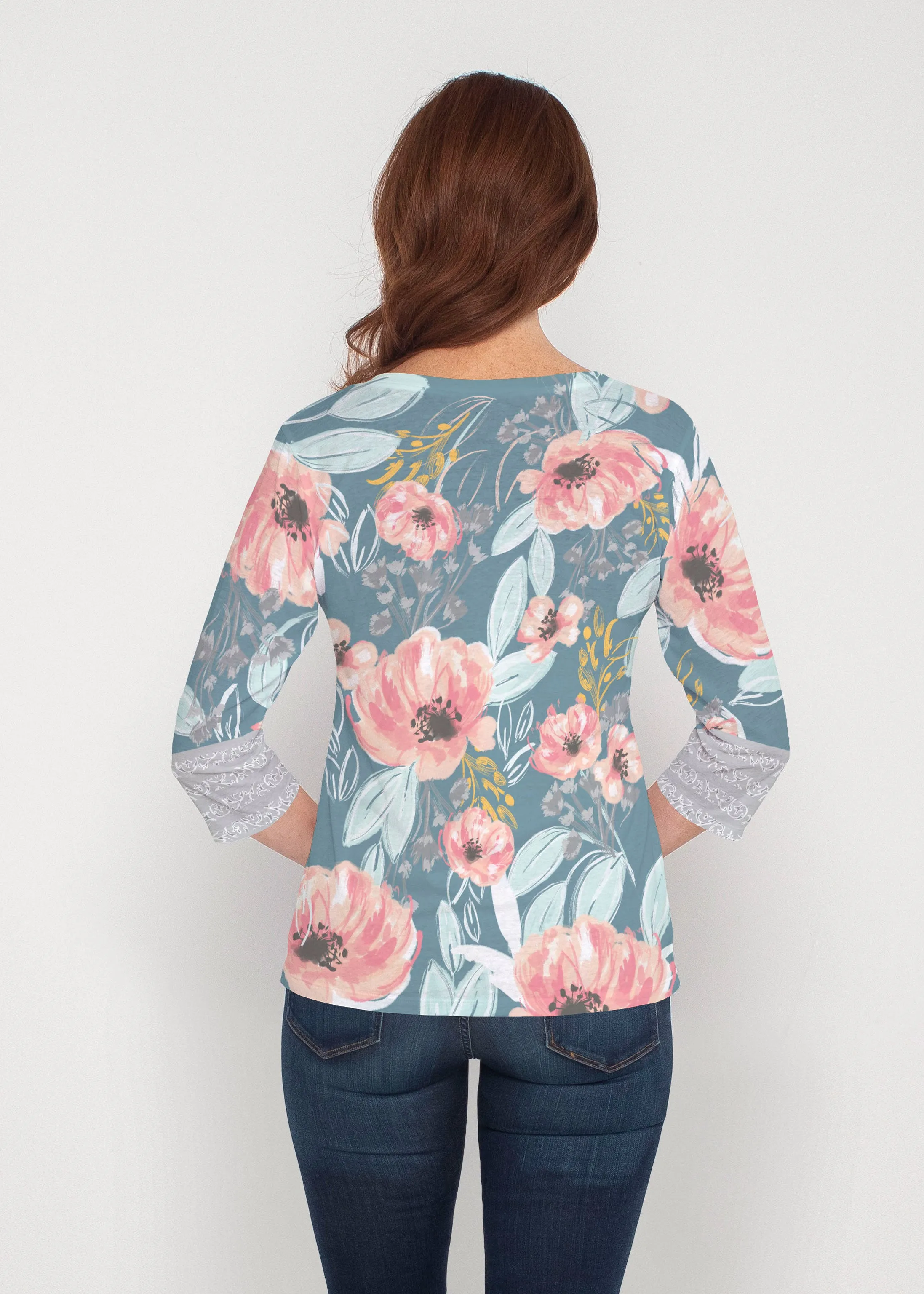 Blossoming Blooms (16226) ~ Signature 3/4 Sleeve V-Neck Top