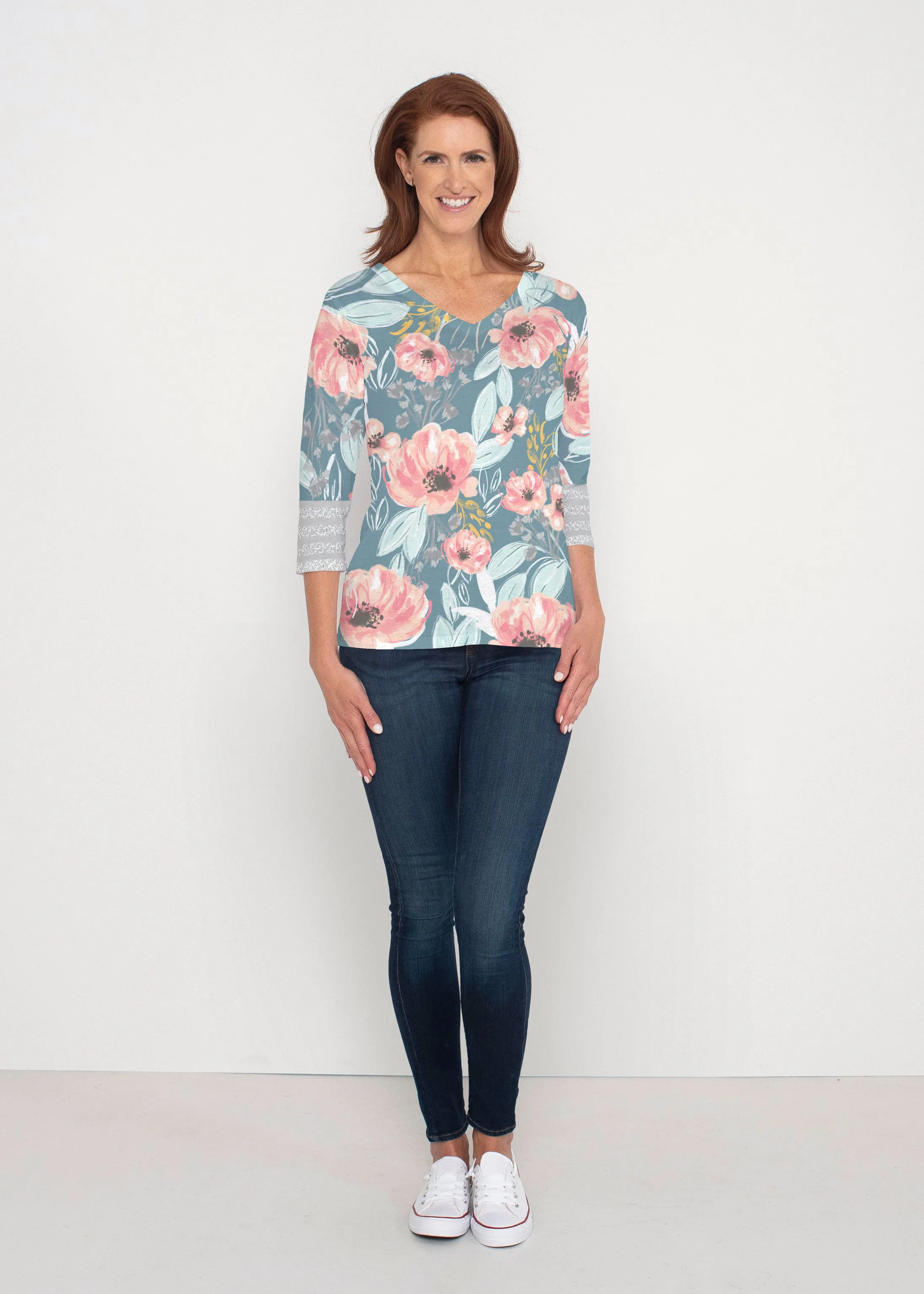 Blossoming Blooms (16226) ~ Signature 3/4 Sleeve V-Neck Top