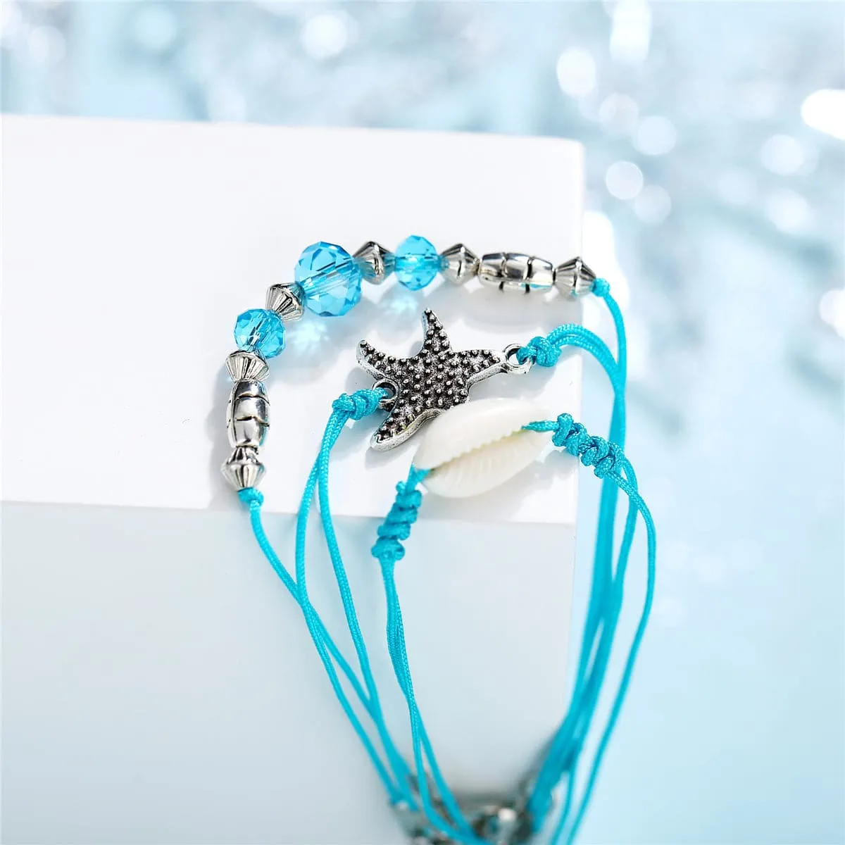 Blue Polyster & Pukka Shell Silver-Plated Starfish Anklet Set