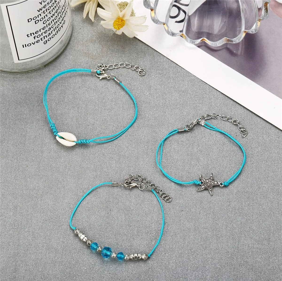 Blue Polyster & Pukka Shell Silver-Plated Starfish Anklet Set