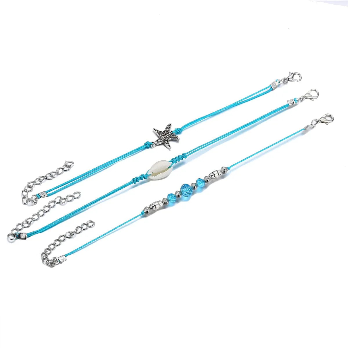 Blue Polyster & Pukka Shell Silver-Plated Starfish Anklet Set