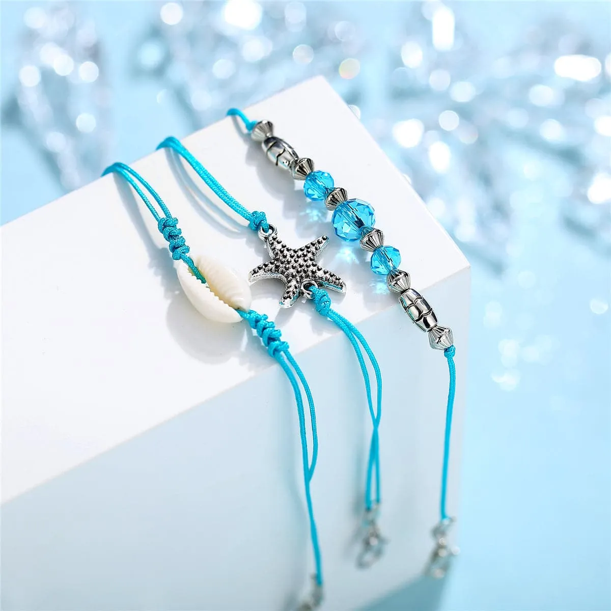 Blue Polyster & Pukka Shell Silver-Plated Starfish Anklet Set