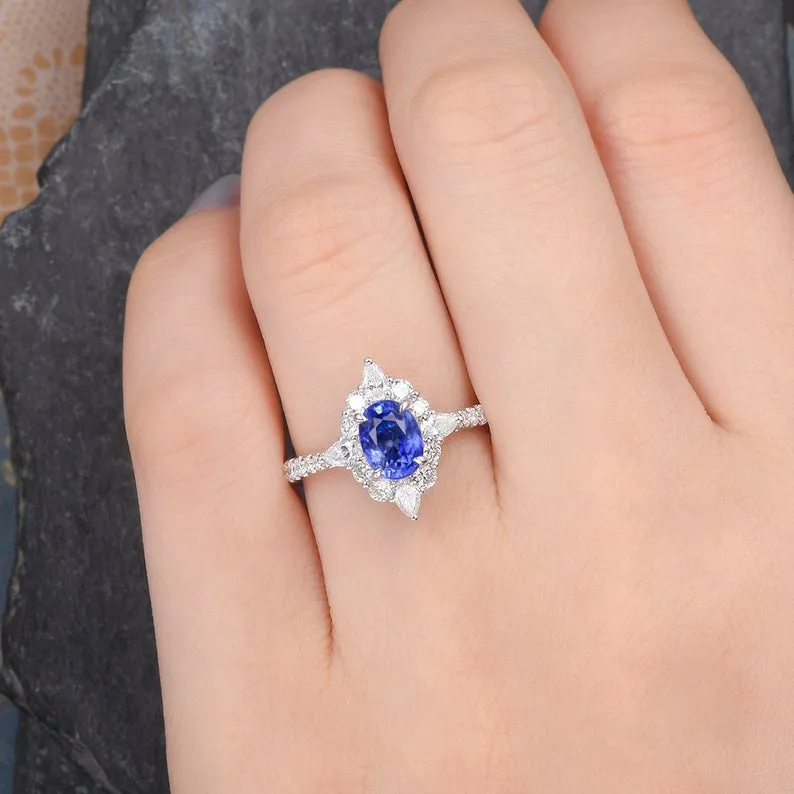 Blue Sapphire & Moissanite, Vintage Inspired Design