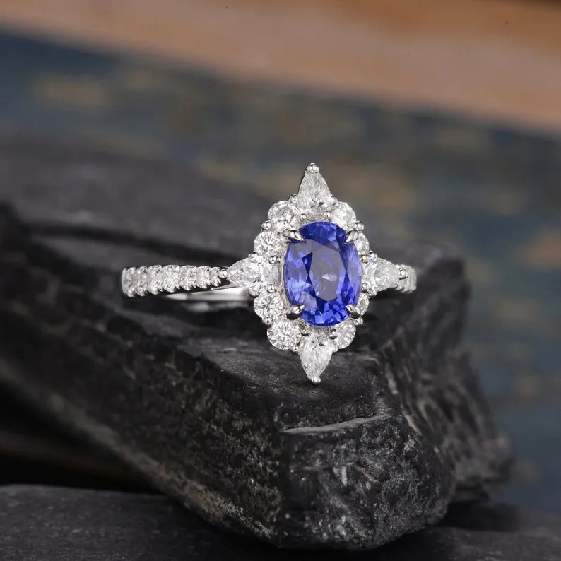 Blue Sapphire & Moissanite, Vintage Inspired Design